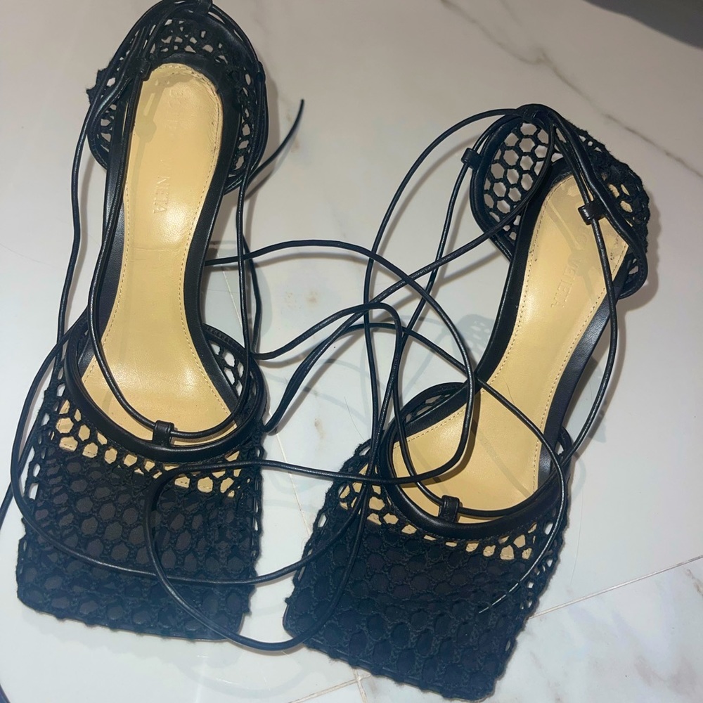 Bottega Veneta Stretch Square-Toe Ankle-Strap Mesh Pumps
Black 39